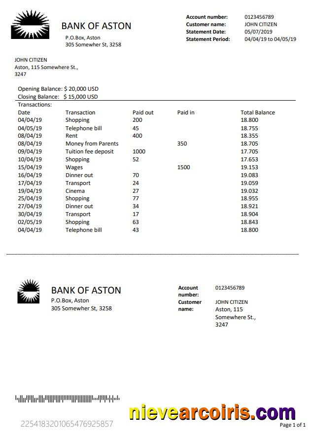 United Kingdom Bank of Aston bank statement in Word and PDF format, good for address prove